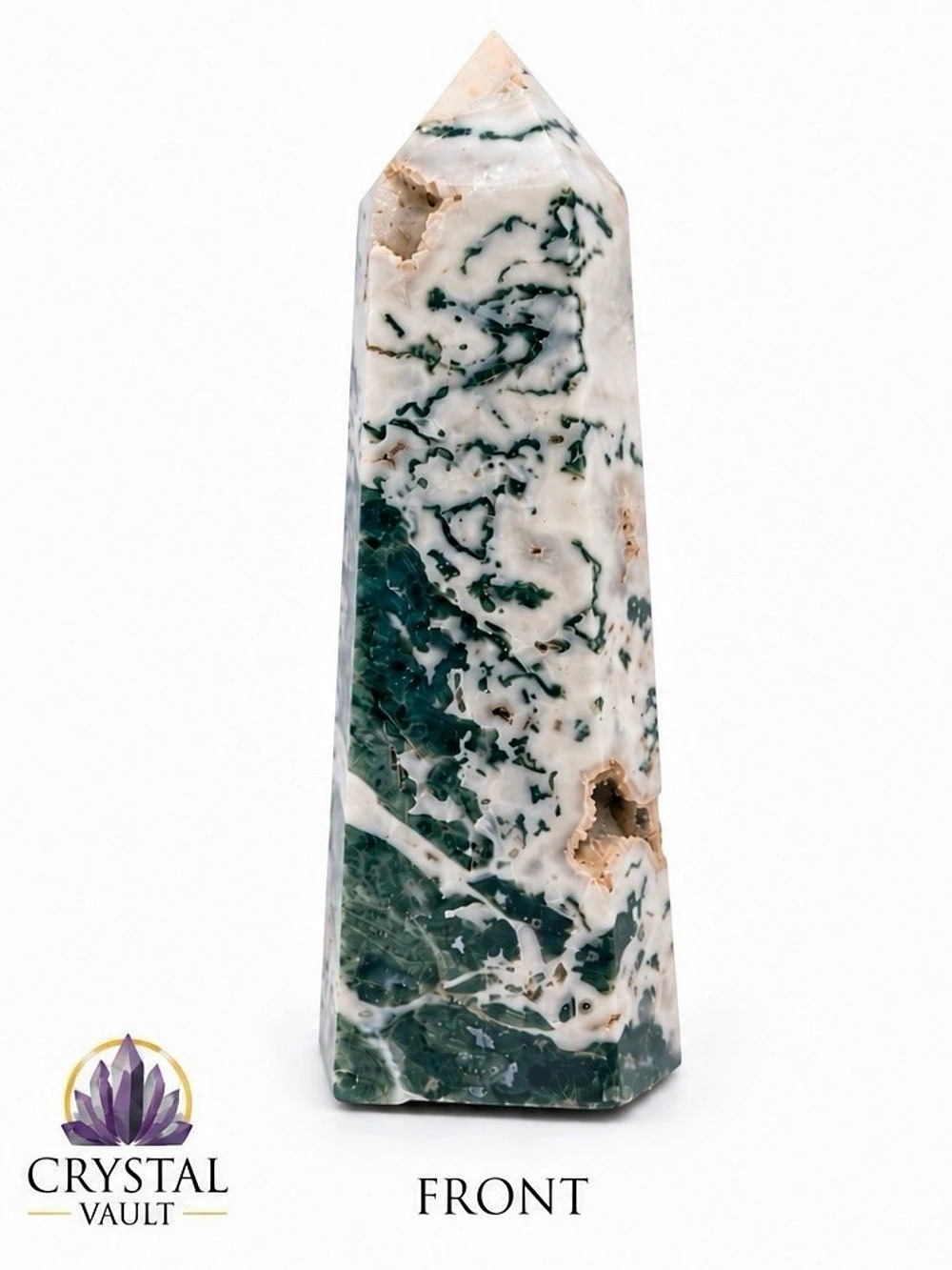 Moss Agate Crystal Tower 5.5” Green White Druzy Point 15.6 oz